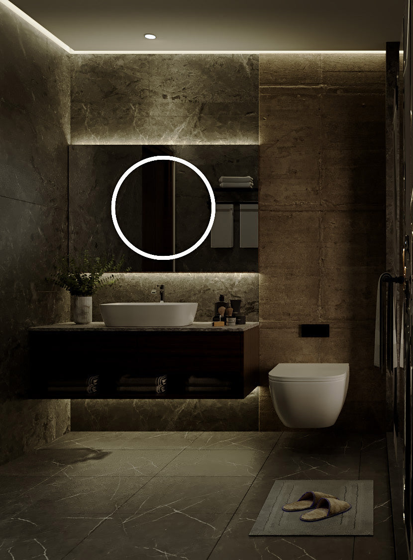 Bathroom with warm ceiling-edge lighting and an illuminated circular mirror
